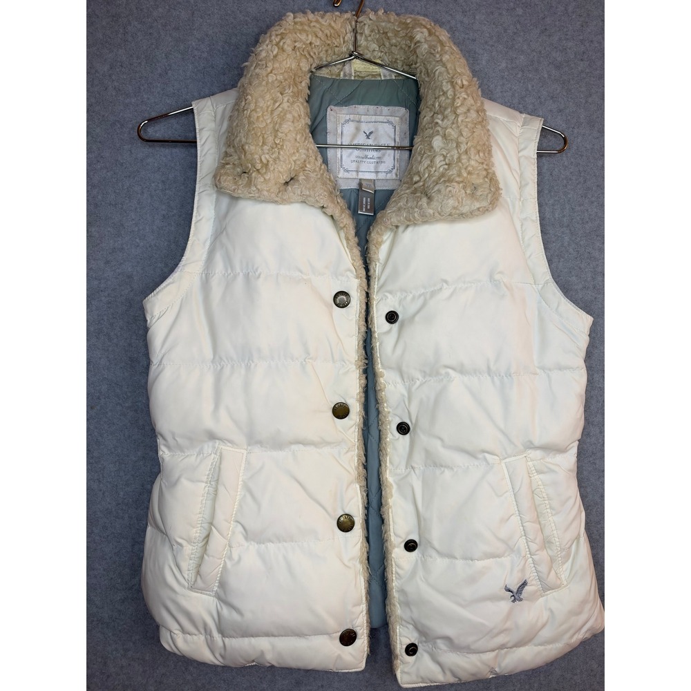 American Eagle Cream White Puffer Vest Faux Shearling Collar XS 0931679563